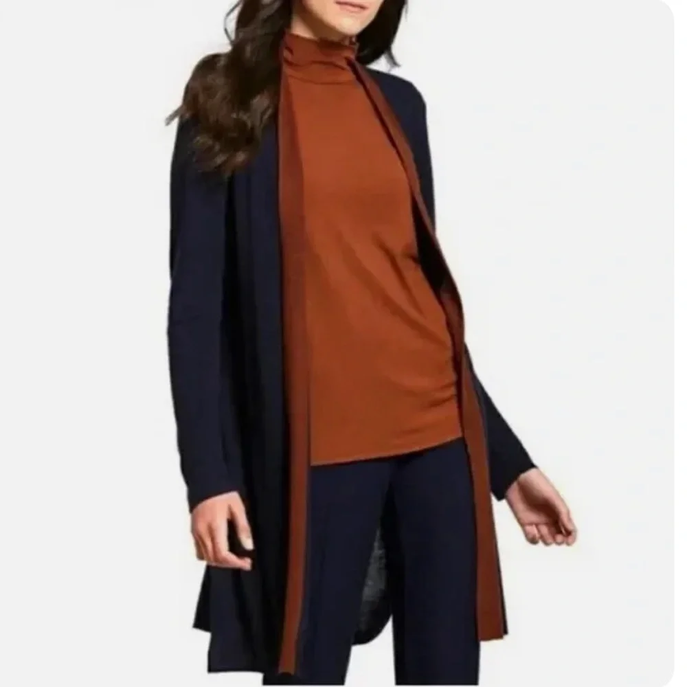 EILEEN FISHER Navy Blue Brown Trim Tencel Silk Knit Open Long Cardigan L - Picture 3 of 9